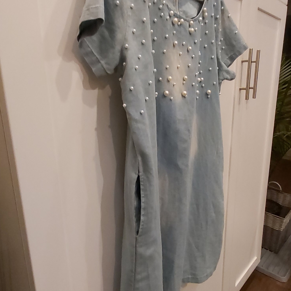 Distressed Denim dress with pearls
